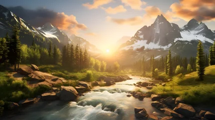 Foto op Canvas Panoramic view of mountain river and forest at sunset. Beautiful summer landscape. © Iman