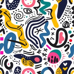 An eye-catching pattern featuring a playful and vibrant mix of abstract organic shapes, squiggles, and dots in various colors and sizes