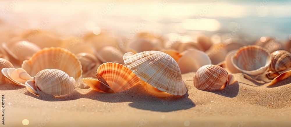 Poster a collection of various seashells, differing in size, shape, and color, lie scattered on damp sand n