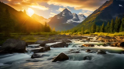 Fotobehang Panoramic view of a mountain river in the mountains at sunset © Iman