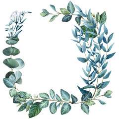 Square greenery wreath made of eucalyptus branches and leaves. Hand-drawn watercolor frame of green foliage.