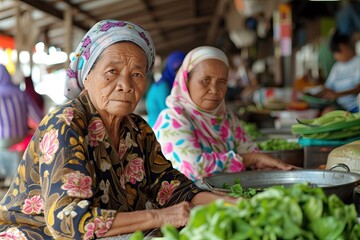 a muslim elderly Indonesian female trader selling at the market - obrazy, fototapety, plakaty