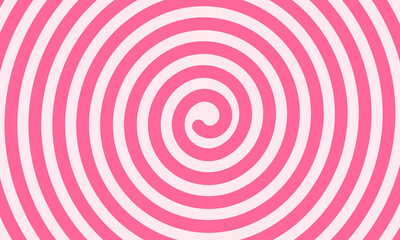 Cute spiral lollipop background. Pink candy, ice cream, yogurt, caramel or marshmallow swirl texture with radial pink stripes. Birthday or Christmas celebration wallpaper. Vector flat illustration.