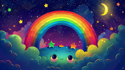 Obraz na płótnie Canvas Funny cartoon rainbow with eyes and a smile