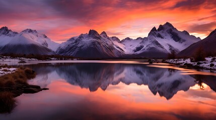 Fototapeta na wymiar Panoramic view of snow capped mountains reflected in lake at sunset