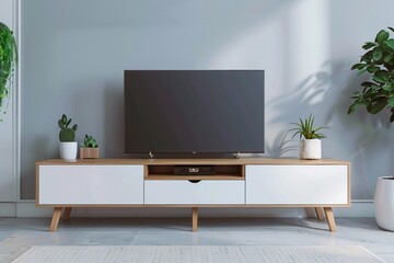 Modern interior with cabinet for tv on white color wall background.