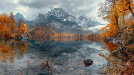 Photo sur Aluminium Gris foncé Impressively beautiful Fairy-tale mountain lake in Austrian Alps. colorful Scenery. Panoramic view of beautiful mountain landscape in Alps with Grundlsee lake, concept of an ideal resting place.