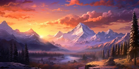 Foto op Canvas Radiant sunrise casting warm colors over a snowy forest with distant mountain range © Влада Яковенко