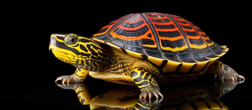 A majestic Chinese stripe-necked turtle, Mauremys sinensis, is showcased on a black background. The turtles shell features a dazzling Chinese stripe pattern in yellow and black.