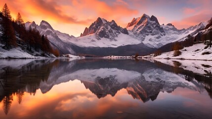 Mountains reflected in a lake at sunset. Panoramic view.