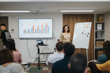Confident female professional presenting a sales graph on a screen to an attentive office audience, conveying success and teamwork.