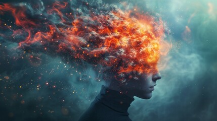 Female person head explodes on abstract background. Woman overwhelm with information, experiencing emotional burnout. Psychological mental health challenges. Exhausted fatigued tired depressed person. - obrazy, fototapety, plakaty