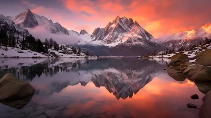 Schilderijen op glas Mountains reflected in the lake at sunset. Panoramic view. © Iman