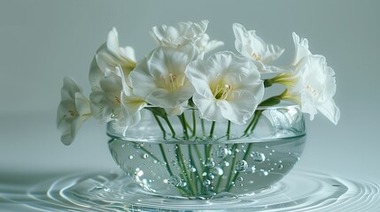 White lily flowers in a glass vase with water drops on a white background