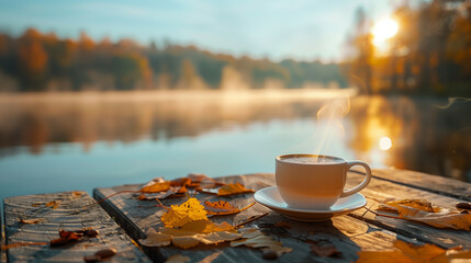 A hot coffee mug with the morning fog over a lake. Early morning coffee on a wooden dock, with the rising sun reflecting off a mist-covered lake creating a tranquil scene.