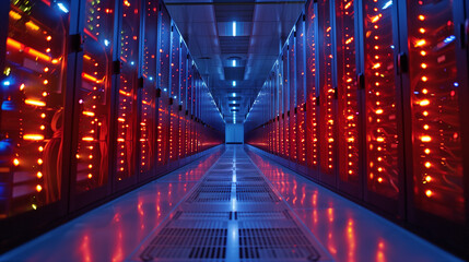 Blue LED lights illuminate the rows of high-speed servers in a modern data center corridor.