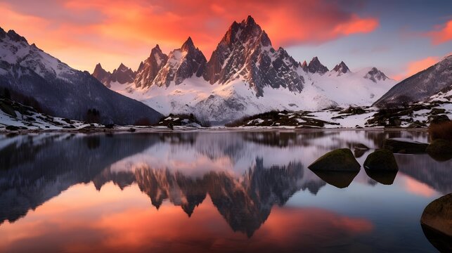 Panorama of mountains reflected in a lake at sunset, Torres del Paine National Park, Chile