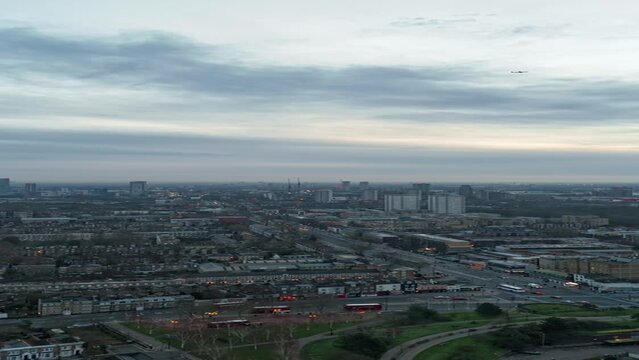 vertical aerial video of sunrise of London city time laps