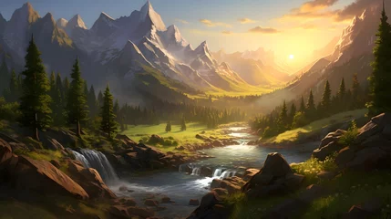 Gardinen Panoramic view of a mountain river in the mountains at sunset © Iman