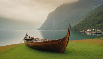 A boat on the shore of a picturesque fjord