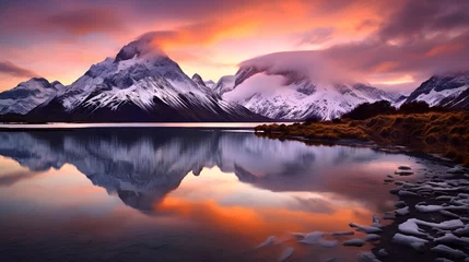 Gardinen Panoramic view of snowy mountain and lake in Iceland at sunset © Iman