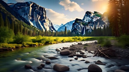 Panoramic view of the mountain river at sunset. Picturesque summer landscape. - obrazy, fototapety, plakaty