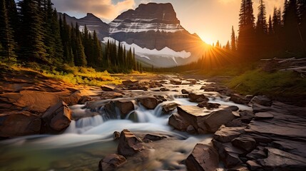 Panoramic view of the mountain river at sunset in Banff National Park, Alberta, Canada - obrazy, fototapety, plakaty