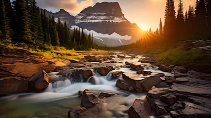 Poster Panoramic view of the mountain river at sunset in Banff National Park, Alberta, Canada © Iman