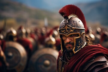 Spartan, a solitary warrior in minimalist armor, radiating discipline and strength. Embody essence of ancient Greek valor unyielding resilience. Austere training battlefield prowess, essence spirit. - obrazy, fototapety, plakaty