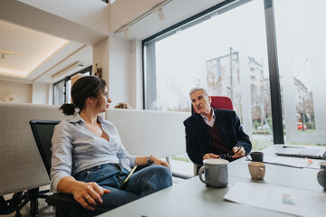 A candid moment captures a male and female professional engaged in a relaxed business discussion in a well-lit, contemporary office environment.