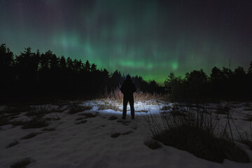 Night scene, nature of Estonia. Silhouette of a man with a headlamp in a forest with a starry sky and northern lights.