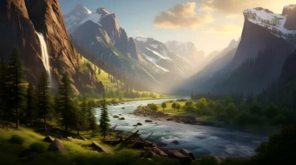 Foto auf Glas Beautiful panoramic view of the mountain river. Summer landscape. © Iman