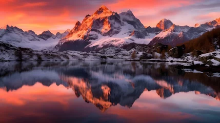 Wandaufkleber Panorama of snowy mountains reflected in the water at sunset, New Zealand © Iman
