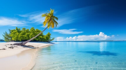 A serene beach scene with white sand, calm turquoise waves, and a picturesque island under a clear...