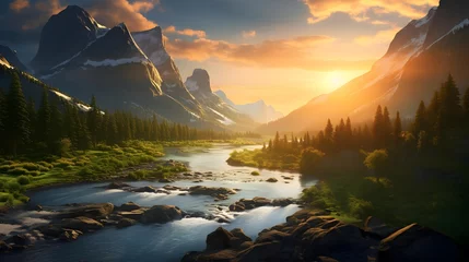 Foto auf Acrylglas Antireflex Panoramic view of the mountain river at sunset. Beautiful summer landscape. © Iman