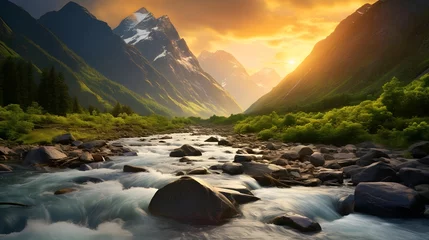Foto auf Acrylglas Antireflex Mountain river at sunset. Panoramic view of the mountain river. Mountain river in the mountains at sunset. © Iman
