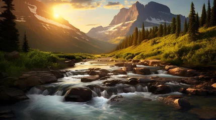Fototapeten Panorama of a mountain river at sunset in the Canadian Rockies. © Iman