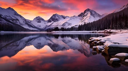 Papier Peint photo Lavable Aubergine Mountains reflected in the calm water of the lake. Winter landscape.