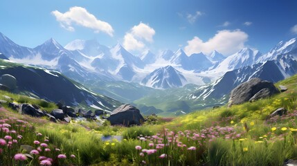 Panoramic view of alpine meadow with flowers and mountains in background - obrazy, fototapety, plakaty