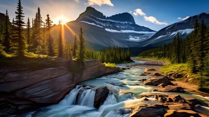 Panoramic view of a mountain river in Glacier National Park, Montana