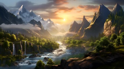 Beautiful panorama of mountains and river at sunset. Digital illustration