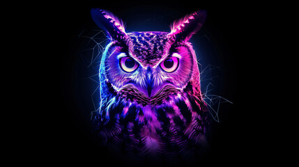 Neon glowing generated owl on black background