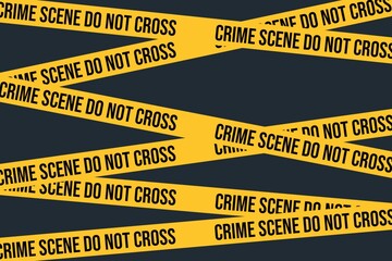 Crime scene yellow tape, police line Do Not Cross tape. Flat style illustration cartoon design on black background. 