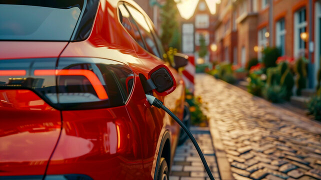 Electric car charging at home with residential housing in the background. Electric car using renewable clean eco friendly fuelconcept