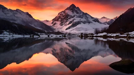 Foto op Plexiglas Panoramic view of the snow-capped mountains reflecting in the lake © Iman