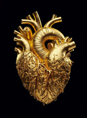 Golden anatomical human heart. Anatomy and medicine, health care concept. Internal organ made of gold isolated over black background