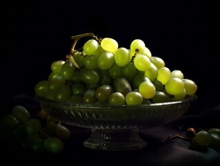 Branch of ripe green grape in a silver bowl. Juicy lush grapes over dark background, closeup shot