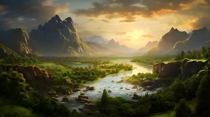 Foto auf Leinwand Panoramic view of a mountain river at sunset. 3d render © Iman