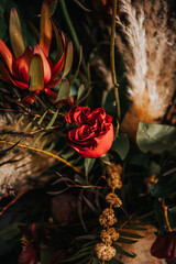 Red wedding table floral arrangement  