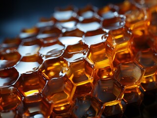 Golden honey and honeycombs close-up shot. Natural products background, sweet bio organic food